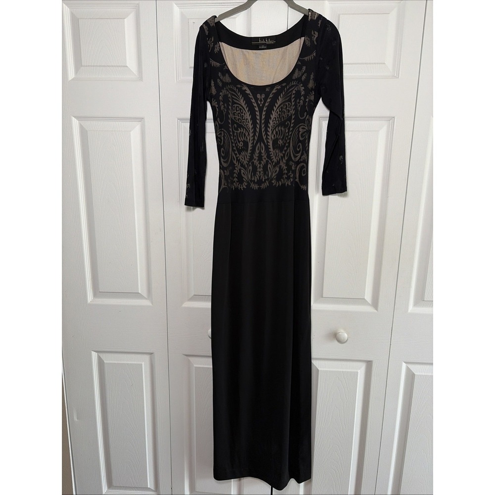 Nicole Miller Burnout Velvet Paisley Maxi Dress Womens 4 Black Vintage Y2K Gown